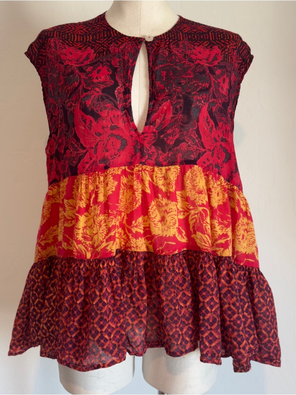 Free People Vibrant Pink & Orange Printed Blouse